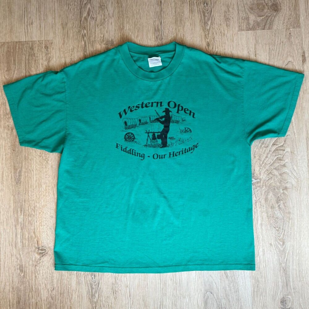 Mad Enterprises Graphic T-Shirt Western Open Green XL USA Vintage Magazine Tee